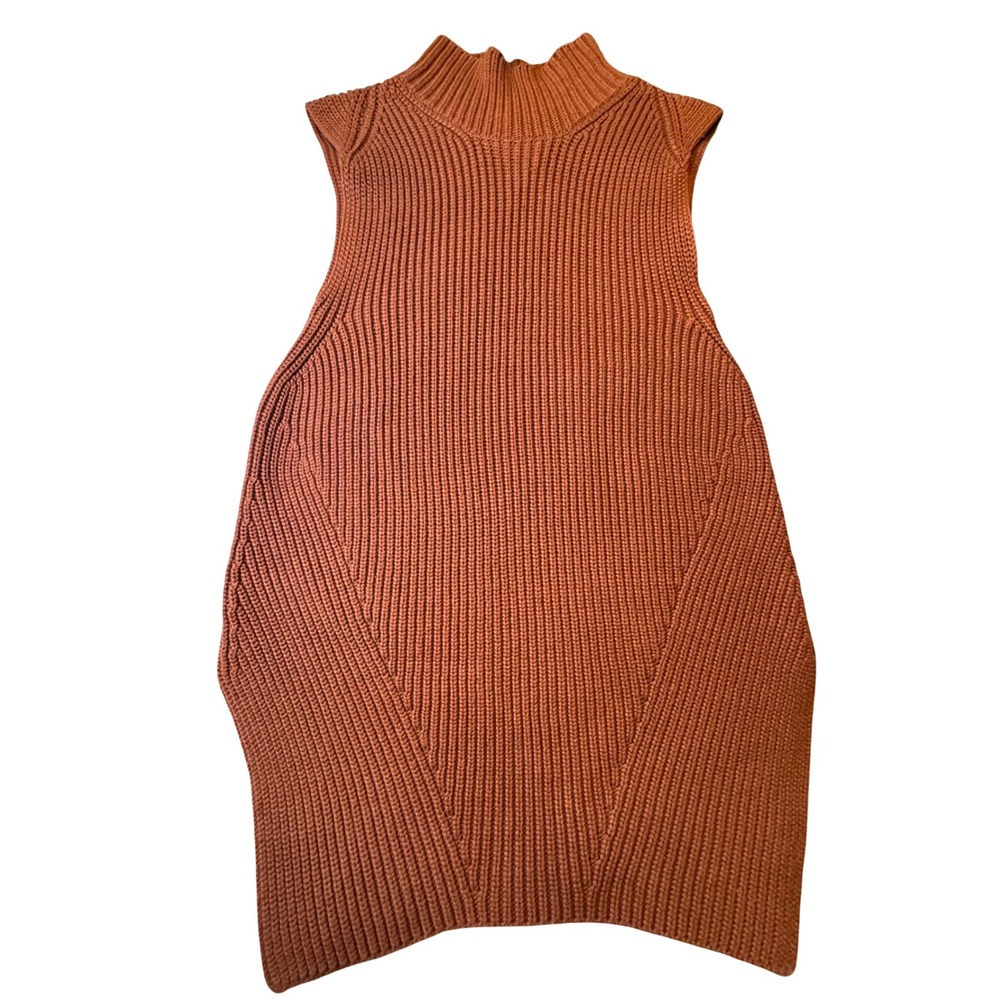 Ann Taylor Womens Rust Orange Ribbed Mock Neck Sleeveless Tunic Sweater Size M